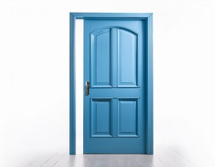 slightly opened light blue door on white background suggesting new opportunities and a welcoming atmosphere