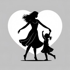A heartwarming black silhouette illustration of a mother and daughter dancing or playing together, set against a large white heart shape on a light grey background, symbolizing love, family, and joy