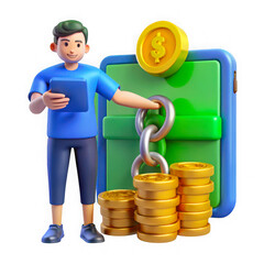 3d icon of man with tablet near safe and stacks of gold coins isolated on transparent background