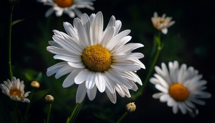 Obraz premium delicate white daisies with yellow centers and green stems against a dark background