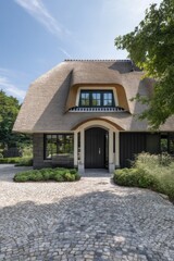 Modern thatched roof house with landscaped entrance in a serene neighborhood during a sunny day attracts attention with its unique architectural style