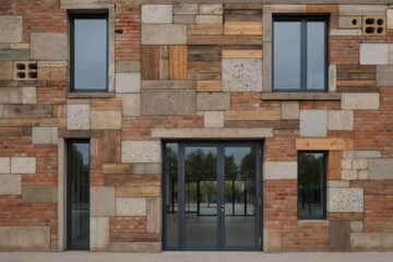 Modern architectural design showcasing a facade constructed with recycled wood, brick, and concrete, incorporating glass doors and windows