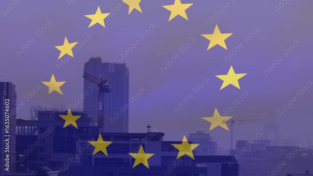 Poster animated eu stars appearing over modern skyline, rippling and realigning to represent unity