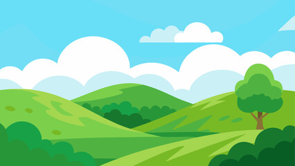 Fototapeta premium Stylized green hills and blue sky with clouds