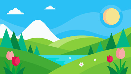 Vibrant spring landscape with rolling hills and tulips