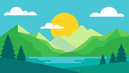 Fototapeta premium Flat design mountain landscape with lake and sun