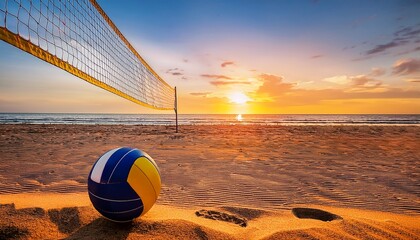 beach volleyball ball on sandy court with net in background vibrant colors outdoor summer sport sunny day energetic atmosphere