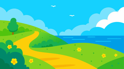 Fototapeta premium Sunny day path through green hills to the ocean