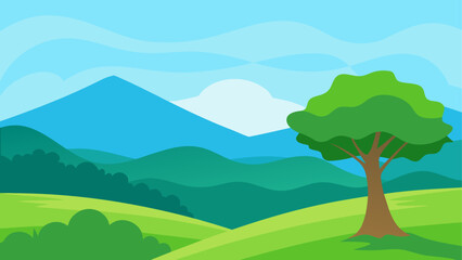 Fototapeta premium Stylized green landscape with mountains and tree