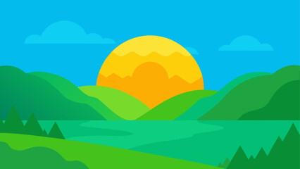 Obraz premium Vibrant landscape with sun rising over green hills