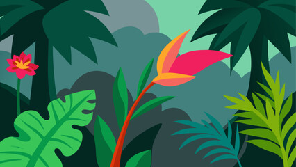 Vibrant tropical jungle with exotic flowers and palms