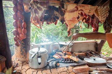 Smoked Chorizo and Hanging Meats in Traditional Colombian Outdoor Kitchen