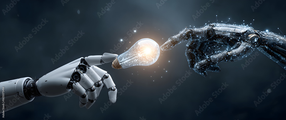 Poster ai, machine learning, hands of robot and human touch on big data network, brain data creative in lig