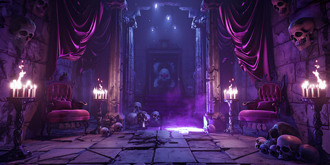 Dark gothic ballroom with purple lighting and ornate decor
