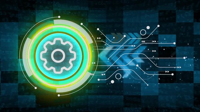 Management setting gear maintenance and fixing symbol digital concept. Futuristic neon tech interface cyber technology circle dashboard setting, virtual machine learning icon.