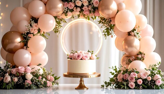 Cake with Roses and Balloon Arch Decoration for Celebration