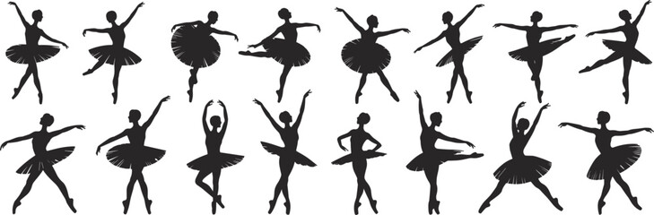 Ballet dancer silhouette set, tutu costume poses, arabesque pirouette movement, elegant dance positions, vector illustration, graceful performance art © Ideasy Mind