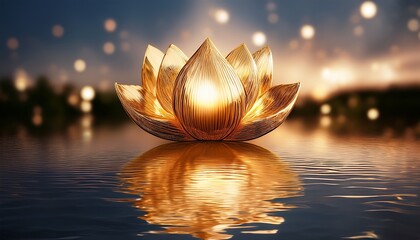 floating golden lotus flower glowing in calm water symbolizing serenity and peaceful reflections