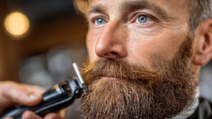 Close up of a serious man with a well maintained thick beard and prominent mustache receiving a detailed grooming service inside a classic barbershop.