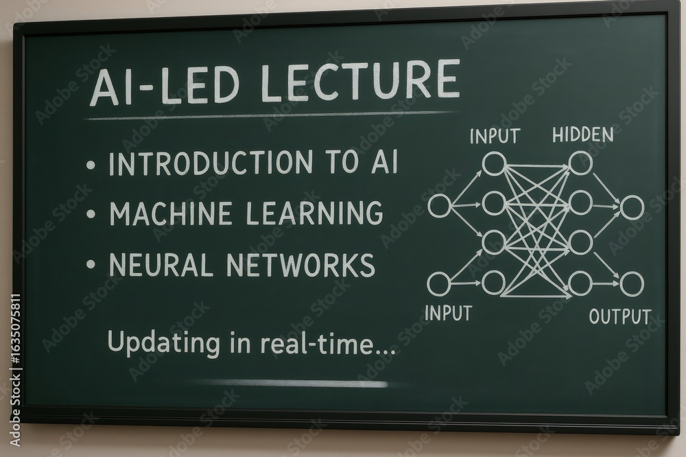 Poster green chalkboard explaining artificial intelligence, featuring a neural network diagram with input, 