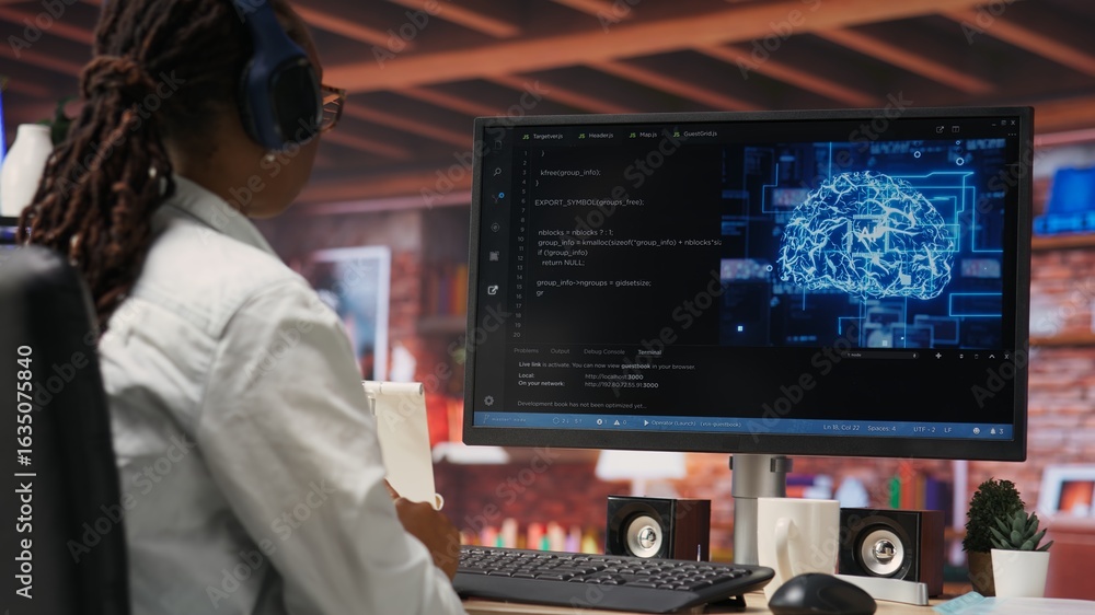 Poster admin doing maintenance on artificial intelligence neural networks computerized model, listening mus