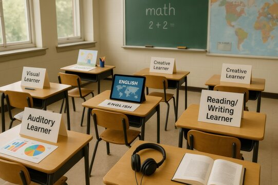 Empty classroom with desks set up for different learning styles promoting inclusive and personalized education
