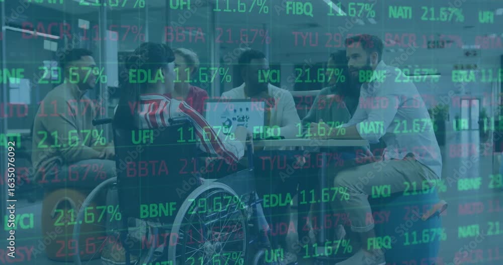Poster wheelchair user pointing laptop chart overlay and sparking team analyzing rising stocks for action