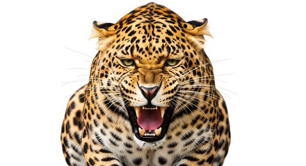 Obraz premium Aggressive Leopard Growling Isolated on White Background