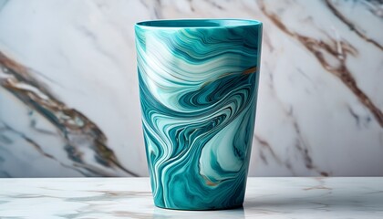 turquoise tumbler with swirling marble patterns