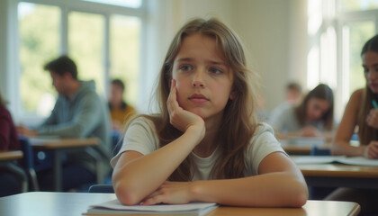 Young girl daydreaming in classroom during exam with students around  