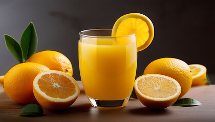 a glass of vibrant yellow orange juice with a slice of lemon or orange placed on the rim and additional slices of the fruit are visible around the glass