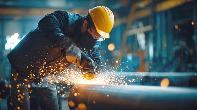 A powerful, hardworking man in protective gear, including mask and yellow hard hat, uses angle grinder to cut large metal pipe, creating a shower of bright, fiery sparks in industrial factory setting