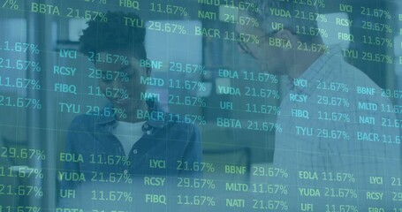 Two analysts responding to financial ticker overlay exchanging views on market fluctuations - Powered by Adobe