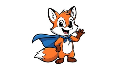 Obraz premium Cartoon Fox Superhero Waving Illustration