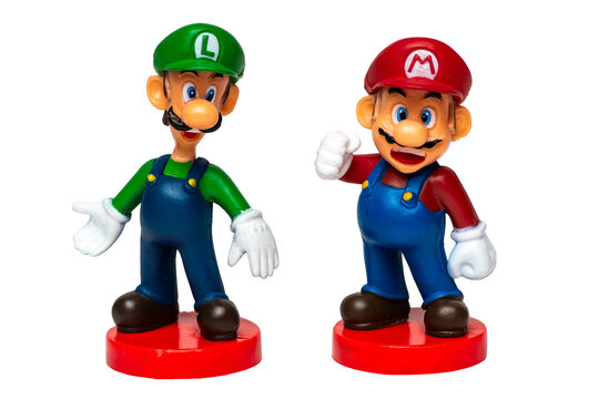 Supermario Bros characters Super Mario and Luigi  toy figurine on white background	
