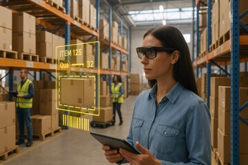 Female manager wearing augmented reality glasses and using digital tablet managing inventory and logistics in warehouse