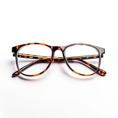 Tortoiseshell glasses with clear lenses rest on a white surface casting faint shadows around