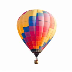 Naklejka premium Colorful hot air balloon floats gracefully against a stark white background, basket visible