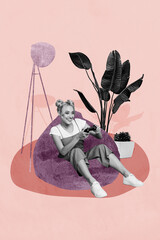 Trendy art creative vertical photo collage of happy businesswoman freelancer sit beanbag type...