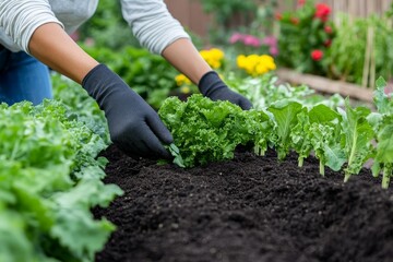 Fototapeta premium Person Gardening and Planting Lettuce