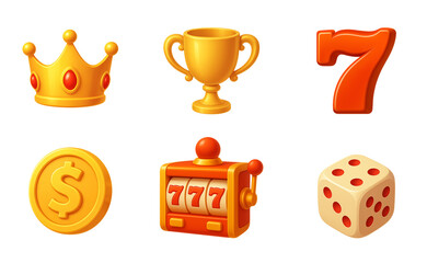 3D Casino Icon Set – Crown, Trophy, Lucky Number 7, Gold Coin, Slot Machine, Dice – Isolated on Transparent Background