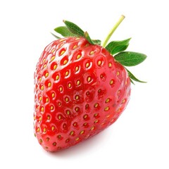 Isolated, vibrant strawberry with bright red surface texture and green leaves on white
