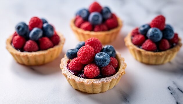 miniature pastry tartlets filled with a vibrant blueberry and raspberry mixture atop a smooth white marble surface dessert blueberry tartlet - Powered by Adobe