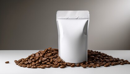 a coffee concept prepared for mockup with a matte white coffee package and blank white label on light background