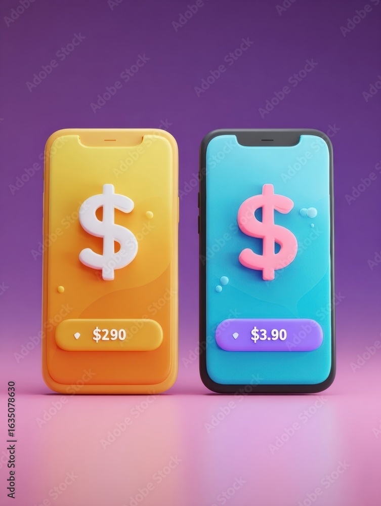 Aufkleber two mobile devices displaying monetary values with contrasting colors on a vibrant background