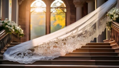 Obraz premium a wedding veil flowing down a staircase its lengthy fabric adorned with intricate lace patterns
