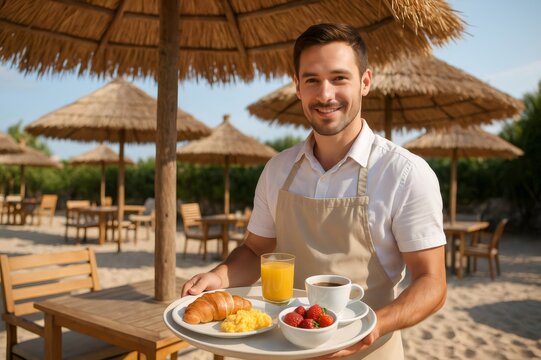 Young waiter carrying a tray with croissant, scrambled eggs, strawberries and orange juice at a beach resort