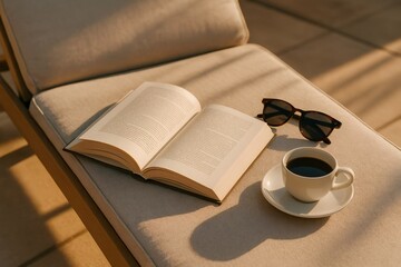 Naklejka premium Relaxing morning essentials featuring an open book, sunglasses, and a cup of coffee bathed in sunlight on a comfortable deck chair