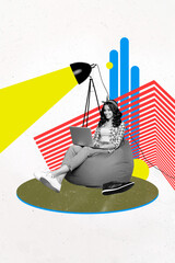 Composite 3D photo collage design trend sketch of young lady sit beanbag work laptop lamp stay job...