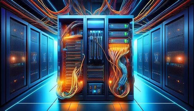an intricate look at a server system with detailed components and network cables revealed inside showing essential technology for it infrastructure in modern data processing centers
